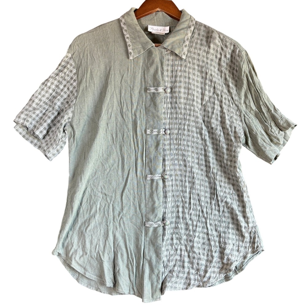 Pride & Joy Womens Blouse 6P Sage Green Rayon Blend Frog Closure Art to Wear